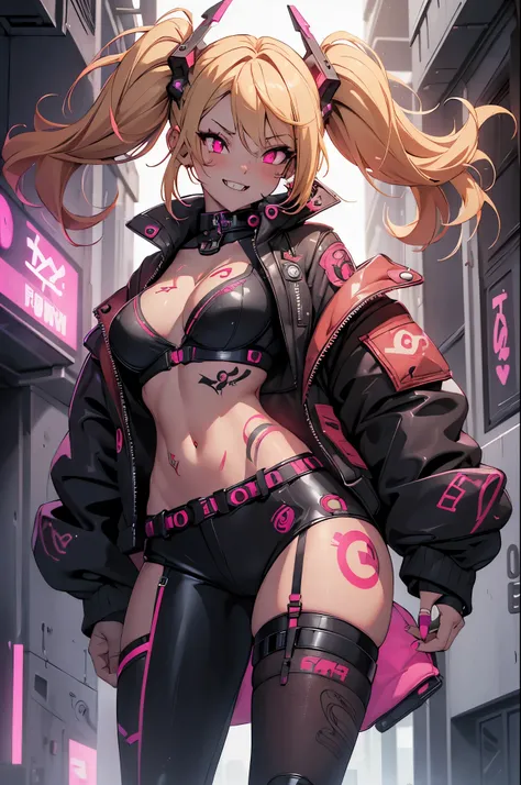 One girl, Rebecca (cyber punk), ((full body, Dynamic Pose,Dynamic Angle:1.0)),One Woman,Blonde twisted twin tails, glowing Red eyes,Laugh fearlessly, Leg Tattoos, neck tattoo,  Large Breasts, Black bra, String, Red pupils, Leather Fang, Red eyes, Black jac...