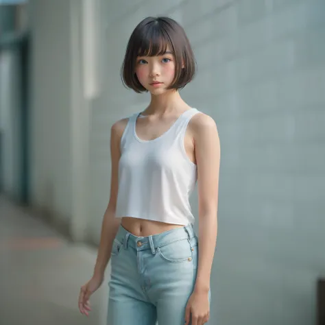 ((sfw: 1.4)), (( extra short hair, sidelocks-hair, 1 Girl)),solo,((18 years old)), (wearing  white tanktop:1.5),((hot denim pants)) Ultra High Resolution, (Realistic:1.4), RAW Photo, Best Quality, (Photorealistic Stick), Focus, Soft Light, ,((Japanese)), (...