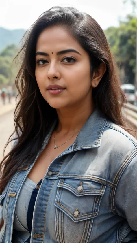 extreme closeup photo of ntg avika gor seductive look, begging crowd for sex on road, bra and denim jacket, sultry, erotic