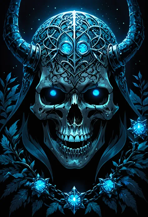 With glow horns、Close-up of a skull with a red head,  Dragon Portrait, by Rostland, Benedict Barna, Morel，(((Multi-metal ring ornaments)))，Miracle，Dark atmosphere，Black Forest，((neon glow light))，((Blue arc))