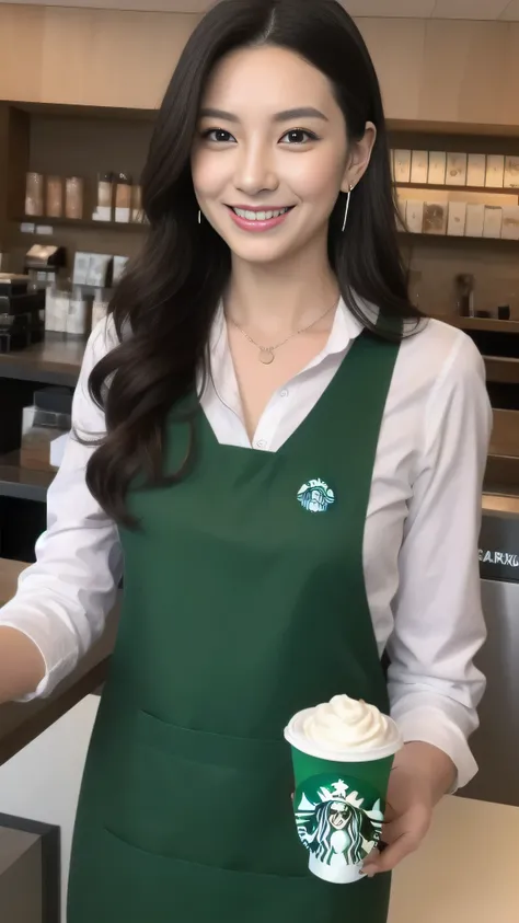 Hostess&#39;s face、Married women、Married Woman、Beauty、Starbucks Uniforms、high quality、Super Ultra Realistic、healthy、smile、Perfect figure、Japanese Beauty、 necklace、Earrings、Perfect eyes, beautiful skin、Upper Body、looking at the camera、Starbucks employee