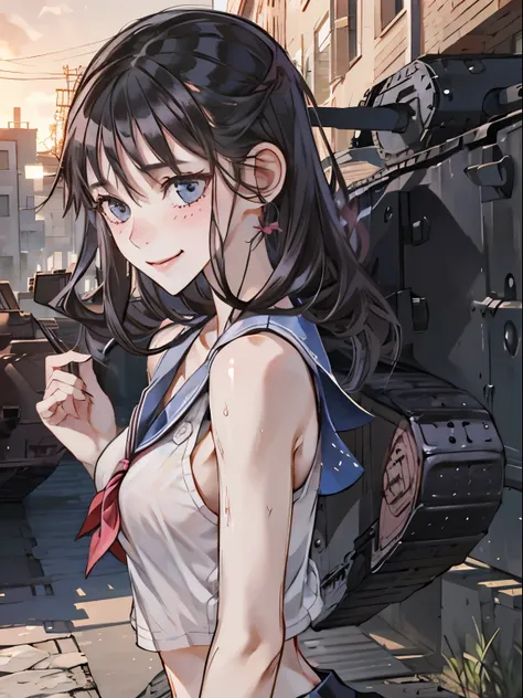 a beautiful girl goes to school in a tank、girl and tank、a tank and a girl are walking side by side through a residential area、sa...