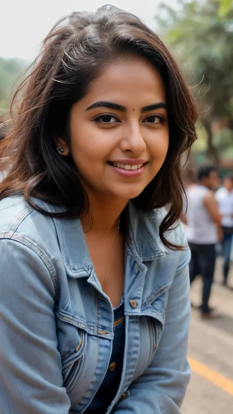 extreme closeup photo of naked ntg avika gor seductive look, begging crowd for sex on road, denim jacket, braless, sultry, eroti...