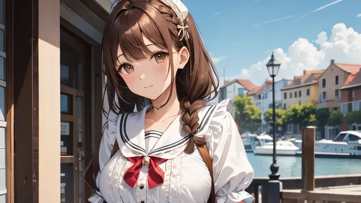 Sailor collar blouse with lots of frills and lace　A white skirt with lots of frills and lace　Panniers　Beauty　Brown hair braid with hair ornament　Upper Body　Big Breasts