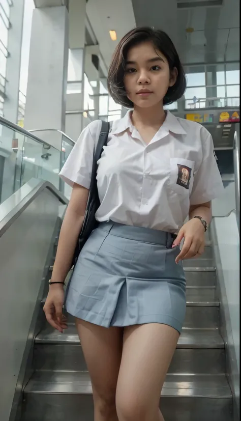 beautiful Indonesian , short hair, white , gray skirt, mini skirt, short skirt, tight skirt, big thighs, big buttocks, white socks, black shoes, carrying a school bag, standing on the escalator, about to go down, photo taken from the lower escalator, reali...