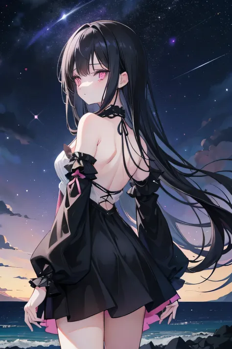 Anime girl, long black hair, pastel pink eyes, in a black dress, long sleeves and exposed shoulders, back facing the viewer,  dark night sky filled with stars and galaxies, dark environment, standing by the beach at night time, dark surroundings, 8k, high ...