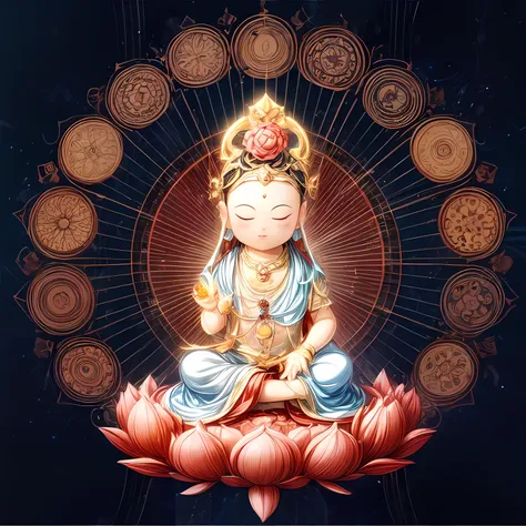 ((mantra and pusa,1boy)),orange theme,cloud,stars,starry sky,rainbow,night,sun,crown,necklace,circle,sitting on lotus,(red flowe...