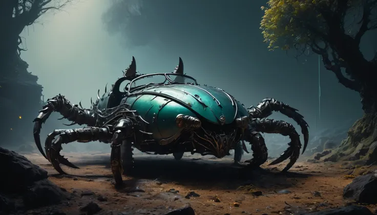 Intricate and detailed streampunk clockwork mechanical obsidian scorpion with tail, (intricate mech details, ground level shot, polished metal, sci-fi, futuristic, Photorealistic, Cinematic, Hyperrealistic, hyperdetailed, splash art, intricately detailed, ...