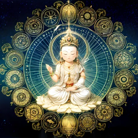 ((mantra and pusa,1boy)),blue theme,cloud,stars,starry sky,rainbow,night,sun,crown,necklace,circle,sitting on lotus,(white flowe...