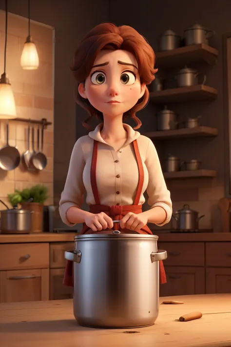 
Image of a woman holding a large empty cooking pot
looking into it with a dismayed expression