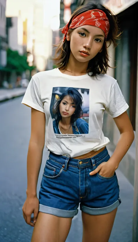 yoko, attractive female model, slim, 
dressed in t-shirt and jean shorts, dynamic pose on a city sidewalk, red bandana,
photogra...