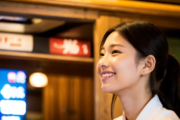 A side view of a smiling student working part-time at a udon restaurant, serving customers.