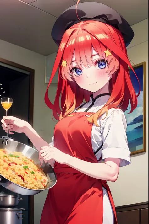 itsukinakano, Itsuki Nakano, bangs, blue eyes, Hair between the eyes, Ahoge, Redhead, star (symbol), hair ornaments, star hair ornaments,smile,blush,chef uniform, chef hat, chef, Zend 4y4, cooking, Chinese pan, fire, fried rice, Stove, フレームから足が外れている
break ...