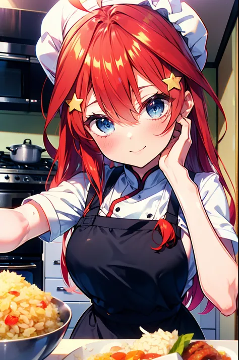 itsukinakano, Itsuki Nakano, bangs, blue eyes, Hair between the eyes, Ahoge, Redhead, star (symbol), hair ornaments, star hair ornaments,smile,blush,chef uniform, chef hat, chef, Zend 4y4, cooking, Chinese pan, fire, fried rice, Stove, フレームから足が外れている
break ...