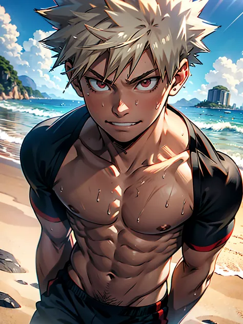 1hombre, adolescentes, boku no hero, bakugo katsuki, rubio, ojos rojos, speedo, rio, wet, sonrisa, vista desde abajo, cuclillas,...