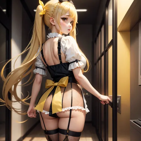 Blonde、Beautiful young woman、Twin tails、Yellow ribbon hair accessory、Black fishnet stockings、look back