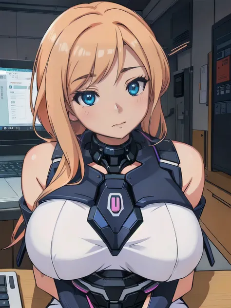 Busty anime girl sitting at a desk in front of a laptop, Enchanting anime girl,  Digital anime illustration, Cyber , (((tits))),  (SFW) Safe at Work, Smooth anime CG art