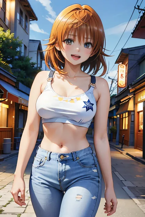 night street, yawning face, 40k, photography, masterpiece, best quality, (Riko, longhair), medium breasts, (white tanktop, blue jean pant), varied poses, doggystyle on sand