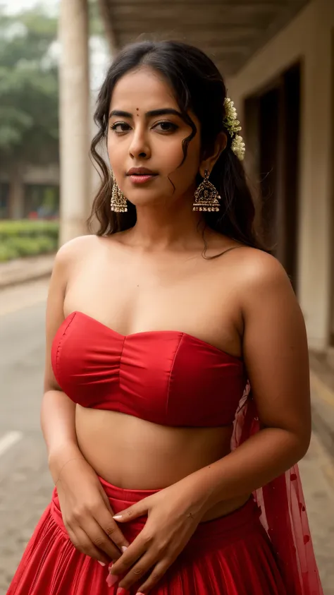 extreme closeup photo of ntg avika gor seductive look, begging crowd for sex on road, sexy red strapless lehenga, sultry, erotic...