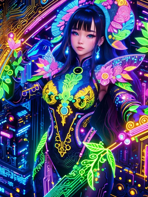 (Neon)，Circuit Board，(1 Girl:1.3)，Extremely detailed，(Fractal Art:1.2)，rich and colorful，The most detailed，(zentangle Neon:1.2)，(Dynamic poses)，(Neon几何背景:1.5)，(Traditional clothing:1.2)，(Glowing skin)，(Many colors:1.4)，Upper Body，(Ultra HD, masterpiece, pr...