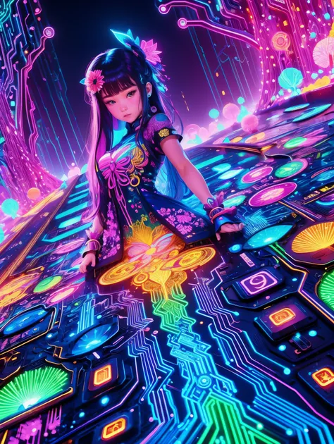 (Neon)，Circuit Board，(1 Girl:1.3)，Extremely detailed，(Fractal Art:1.2)，rich and colorful，The most detailed，(zentangle Neon:1.2)，(Dynamic poses)，(Neon几何背景:1.5)，(Traditional clothing:1.2)，(Glowing skin)，(Many colors:1.4)，Upper Body，(Ultra HD, masterpiece, pr...