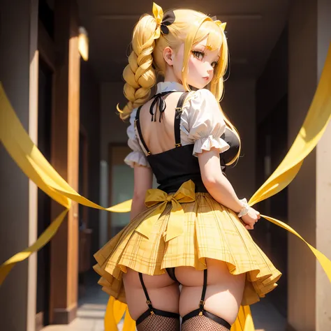 Blonde、Beautiful young woman、Twin tails、Yellow ribbon hair accessory、Black fishnet stockings、Rotate and look back