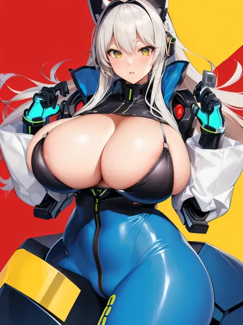 Big Breasts Anime Character Posing in Front of a Red and Yellow Background, tits, thick, ayanami, Cute sexy ass, Anime Manga Robot!! Anime Girls, 2b ..., 2b, Big Breasts!!, Big Breasts!, completely robot!! Cat girl, tits proportions, biomechanical tits, Sa...