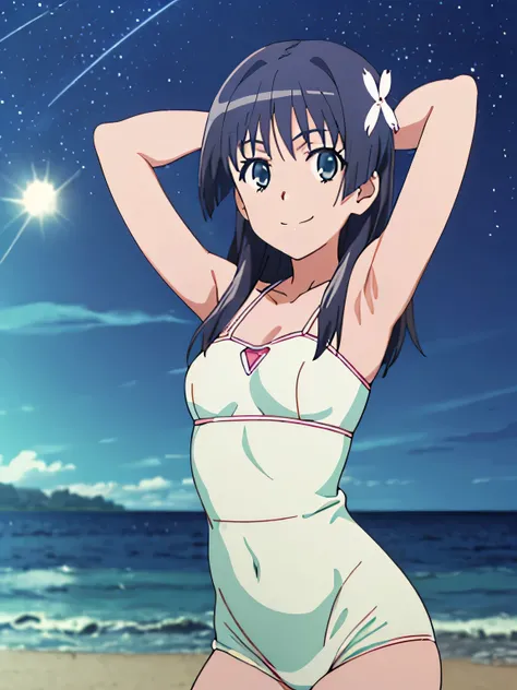 (((pixel-perfect, detail-perfect))), solo, 1girl, saten ruiko, sakugawa , solo, (cowboy shot:1.5), night sky, beach, arms behind head, contrapposto, smile, spread armpits, closed mouth, looking at viewer,