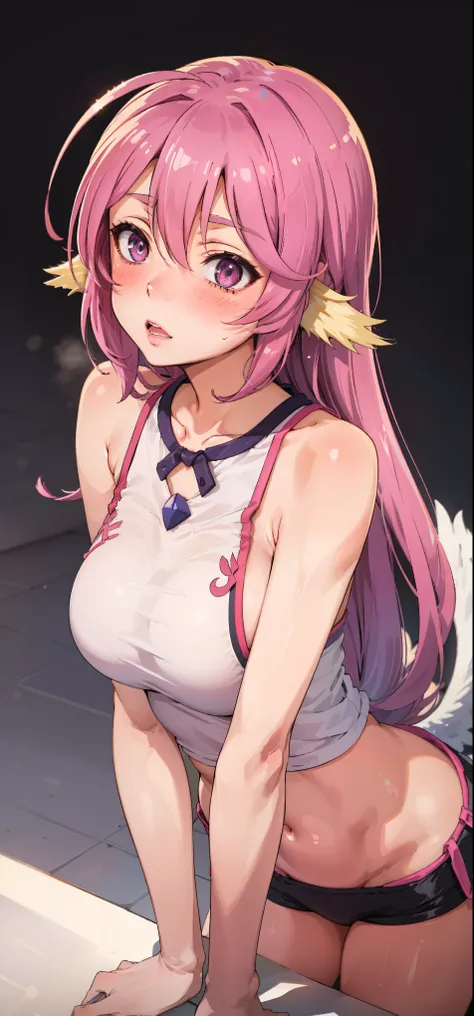 Jibril, (standing straight), blushed, perfect anatomy, detailed eyes, detailed lips, extremely detailed eyes and face, vivid colors, sharp focus, masterpiece:1.2, ultra-detailed, blushed, ((doggystyle)), (solo), sleeveless, fashion.