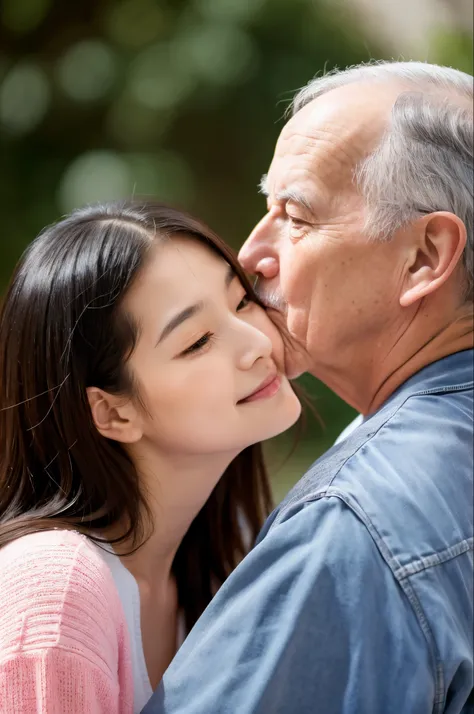 Just two people　A 70-year-old man and his 20-year-old daughter　My daughter is as cute as an idol　Face to face kiss　Medium bust