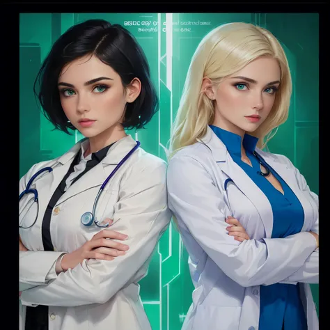 "A striking book cover that illustrates the intense confrontation between two beautiful women doctors: on the left a BEAUTIFUL brunette Brazilian doctor WOMAN, SHORT STATURE, a woman with short bluish black hair, blue eyes, and on her right side a beautifu...