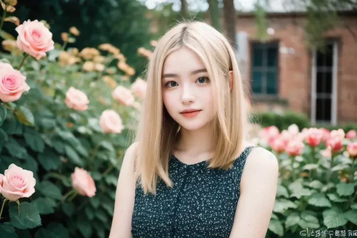 8k, RAW photo, Fujifilm, style photo of a beautiful young woman as avril in a garden of light pink roses (highly detailed skin: 1.2) Style-Petal BREAK short hair, blonde hair with colored locks, wearing a dress, film granulation, 35mm, cute style