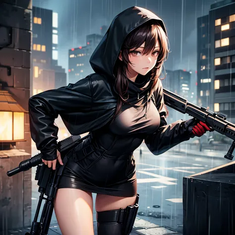 Nonsense, height, maximum details. sexy beautiful woman Carrying a sniper rifle, black clothes with hood, brown eyes, long hair, night vision, rooftop, sniper, rain