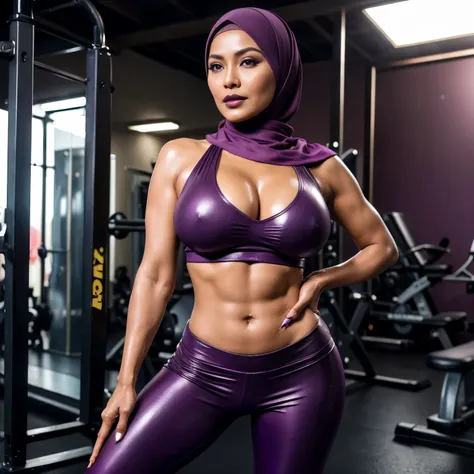 52 years Old, ((Sugar Mama)), ((Beauty Hijab Indonesian Mature woman)), ((Sensual Violet lips)), wet Oily Tanlined  through, ((Large Tits)), 196 Inches Tits, Tank Top, Fitness Pants, ((Nailing Polish)), Face full of Make up, Full body, Realistic Detailed P...