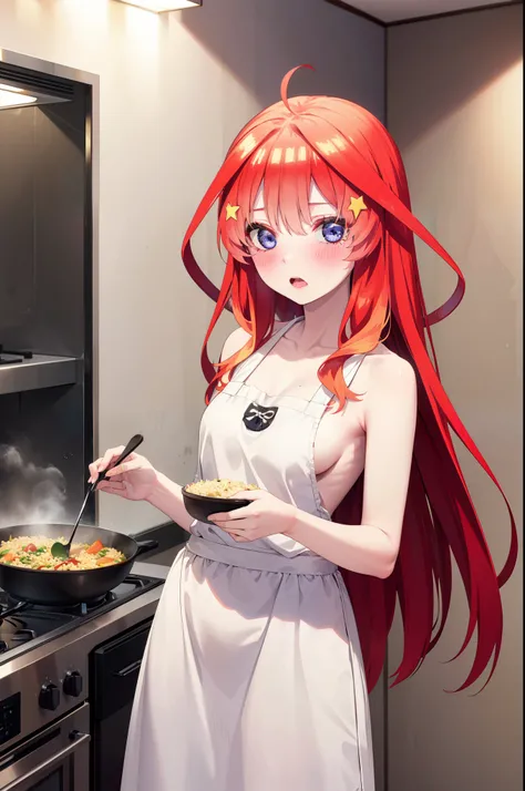 itsukinakano, Itsuki Nakano, bangs, blue eyes, Hair between the eyes, Ahoge, Redhead, star (symbol), hair ornaments, star hair ornaments,blush,Embarrassing,Mouth open,I&#39;m surprised,I&#39;m turning around, Naked Apron,Bare shoulders,Bare neck,bare clavi...