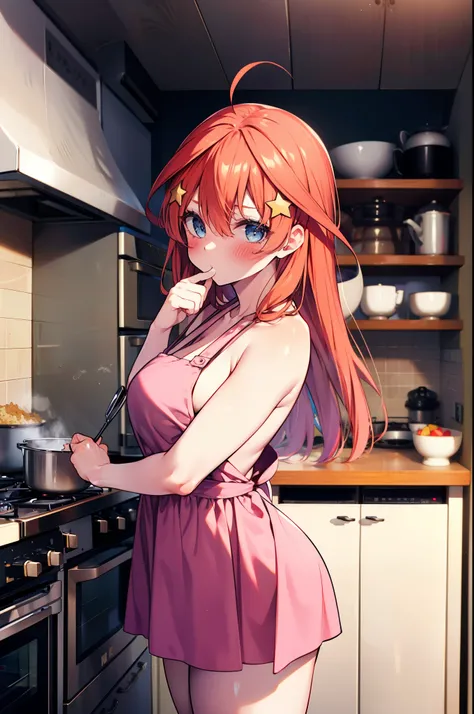 itsukinakano, Itsuki Nakano, bangs, blue eyes, Hair between the eyes, Ahoge, Redhead, star (symbol), hair ornaments, star hair ornaments,blush,Embarrassing,Mouth open,I&#39;m surprised,I&#39;m turning around, Naked Apron,Bare shoulders,Bare neck,bare clavi...