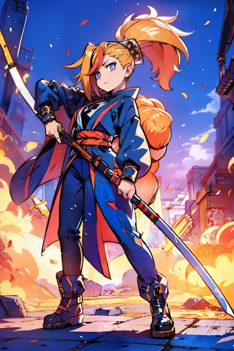 gorgeous woman, holding a giant katana on her shoulder, perfect face, ultra long hair, standing, ultra detailed face, kunoichi, perfect giant katana, heavy katana