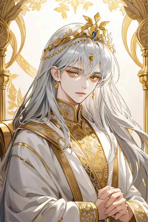 (extreamly delicate and gentle:1.2), 8K,(masterpiece:1.0),(best_quality:1.0), 1 boy, and intricate detailing, Enlarged textures, and intricate detailing, finely eye and detailed face, and intricate detailing, silver gold long Hair, (closed mouths), Perfect...