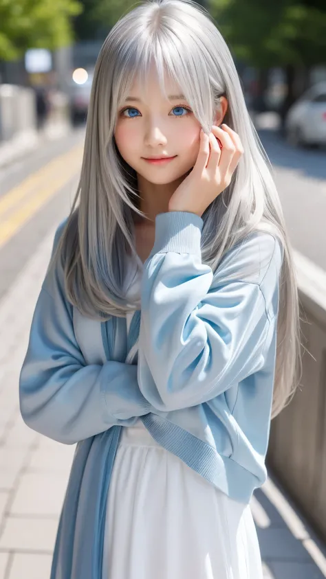 Shining, clear, white skin、Her windblown silver hair hides her beautiful face.、huge、28 years old cute sexy little beautiful face、Beautiful straight hair that stands out、growing up, Sparkling light blue eyes、long silky bangs that cover cute eyes, Sexy and c...