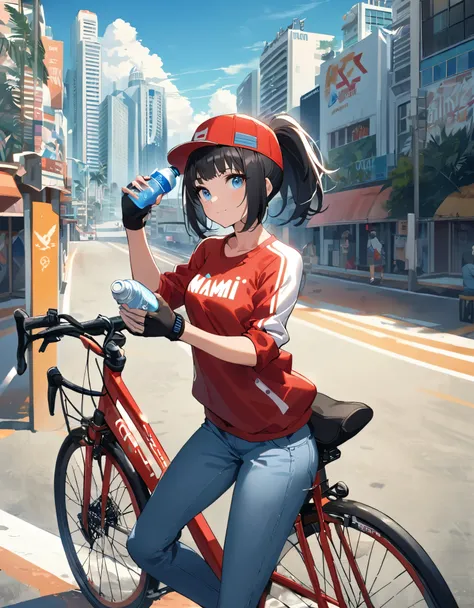 1girl, bike messenger, miami city backdrop, (jet black hair, short hair, bob hair, bangs, ponytail), light blue eyes, beautiful detailed eyes, beautiful detailed face, cute face, perfect hands, complete fingers, perfect anatomy, perfect proportions, medium...