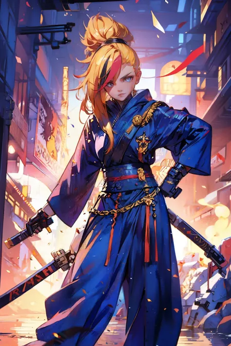 gorgeous woman, holding a giant katana on her shoulder, perfect face, ultra long hair, standing, ultra detailed face, kunoichi, perfect giant katana, heavy katana