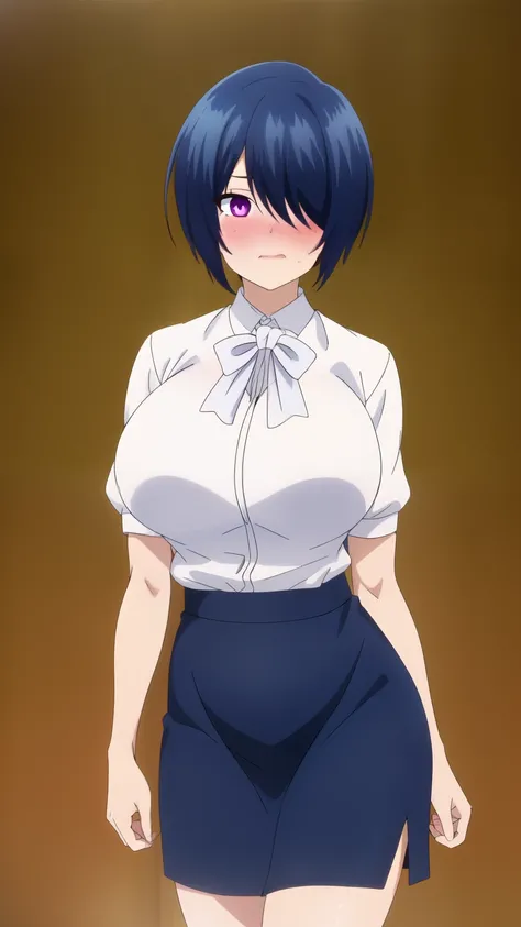 cowboy shot, huge breast, shy, embarrassed, 1girl, solo, blush, short hair, skirt, blue hair, bag, white shirt, purple eyes,, ((hair over one eyes)), blue skirt, pencil skirt, (masterpiece: 1.0), (best_quality: 1.0), ultra high resolution, 4K, ultra detail...