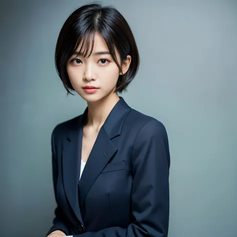 Best-quality, Masterpiece, Ultra-High-Resolution, (Photorealistic:1.4), Raw-Photo, 1girl, the most famous Japanese idol, 15-years-old, wearing business suit with stylish-design, extremely cute face, extremely beautiful big-black-eyes, extremely beautiful b...