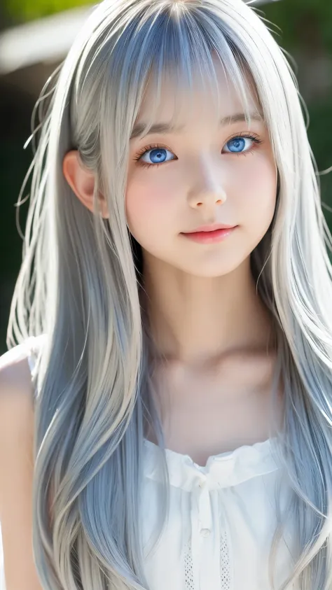 shining, clear, white skin、her windblown silver hair hides her beautiful face.、huge、28 years old cute sexy little beautiful face...