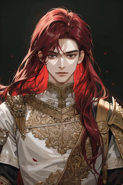 (extreamly delicate and gentle:1.2), 8K,(masterpiece:1.0),(best_quality:1.0), 1 boy, and intricate detailing, Enlarged textures, and intricate detailing, finely eye and detailed face, and intricate detailing, maroon red long Hair, (closed mouths), Perfect ...