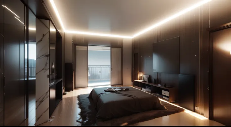 带床的阿拉法德bedroom, Bedside Table, A mirror and a window, bedroom, High quality rendering, Modern and simple, Elegant and sophisticated, 宁静的bedroom环境, Simple and beautiful, vray 8k rendering, Corona Rendering, Clean lines, 在bedroom里, elegant render, very reali...