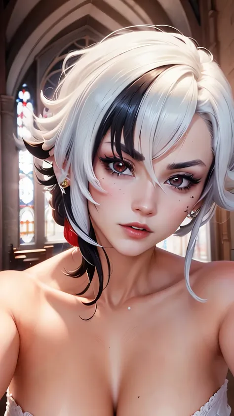 Ultra HD，precise，masterpiece，Anatomically correct，Textured Skin，Ultra Detail，Best quality，16k，1080P，SOLO，（1 female，Short curly hair，White hair and black hair），（black eyes：1.7）（Red X-shaped pupil：1.7 ),Cold，(Face Focus:1.4),(in church),(Genshin Impact/Arlec...