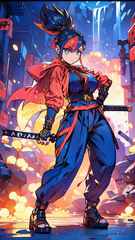 gorgeous woman, holding a giant katana on her shoulder, perfect face, ultra long hair, standing, ultra detailed face, kunoichi, perfect giant katana, heavy katana