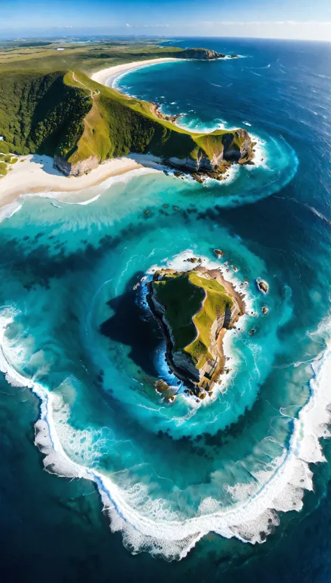 Aerial view of Blue Coast with Majestic ocean, natural lights, asymmetric landscape, (ultra wide angle:1.5), fisheye lens photo, ((Aerial view):1.2), ((sense of extreme vastness):1.1), highly detailed ocean and beach, (tyndall effect), Coexistence with the...