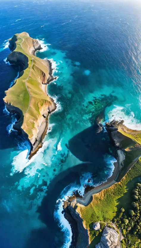 Aerial view of Blue Coast with Majestic ocean, natural lights, asymmetric landscape, (ultra wide angle:1.5), fisheye lens photo, ((Aerial view):1.2), ((sense of extreme vastness):1.1), highly detailed ocean and beach, (tyndall effect), Coexistence with the...